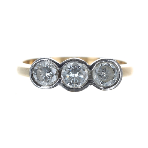 159 - 18ct three stone diamond ring, round brilliant-cut, 0.70ct approx in total, width 5mm, 3.2gm, ring s... 