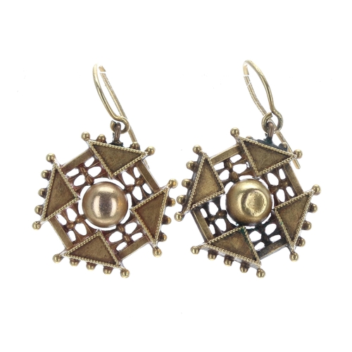 169 - Pair of Victorian 15ct earrings, hook backs, stamped '15ct', 2.7gm, drop 28mm approx... 