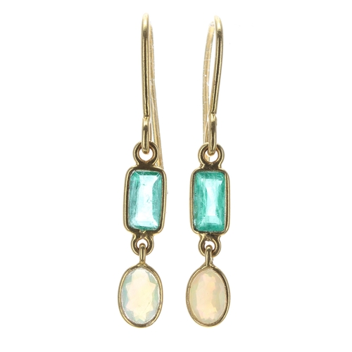 174 - Pair of 18ct yellow gold emerald and opal drop earring, hook backs, 1.6gm, drop 33mm approx... 