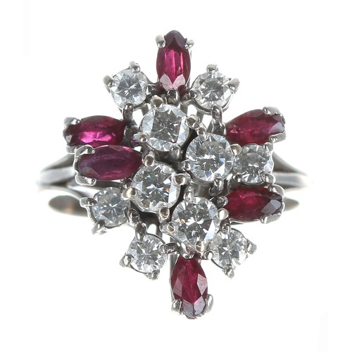 109 - 18ct white gold ruby and diamond cluster ring, with ten round brilliant-cut diamonds, 0.80ct approx ... 