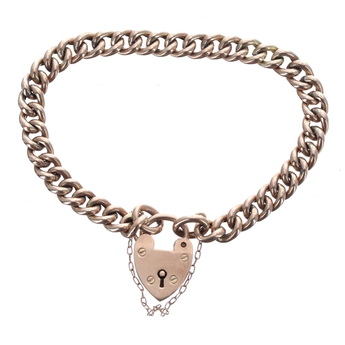 129 - 9ct curb link bracelet with a heart padlock clasp, with safety chain, 12.6gm