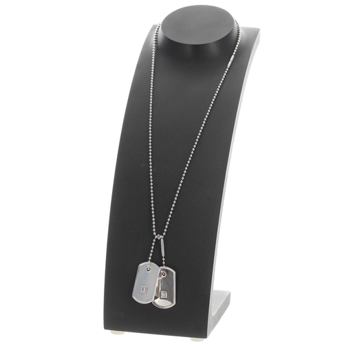 134 - Gucci 18ct white gold bead necklace with two diamond set dog tag pendants, princess-cut, each 0.10ct... 