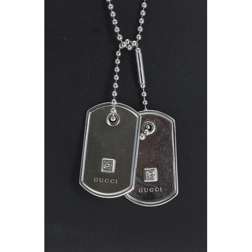 134 - Gucci 18ct white gold bead necklace with two diamond set dog tag pendants, princess-cut, each 0.10ct... 