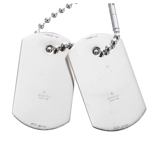 134 - Gucci 18ct white gold bead necklace with two diamond set dog tag pendants, princess-cut, each 0.10ct... 