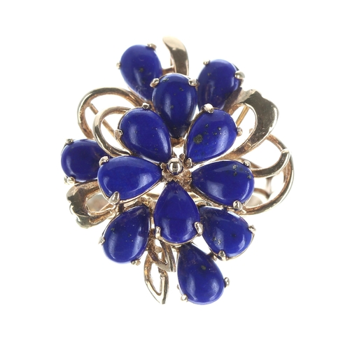 139 - 14ct yellow gold lapis lazuli dress floral cluster ring, 25mm x 21mm, 4.8gm, ring size N... 