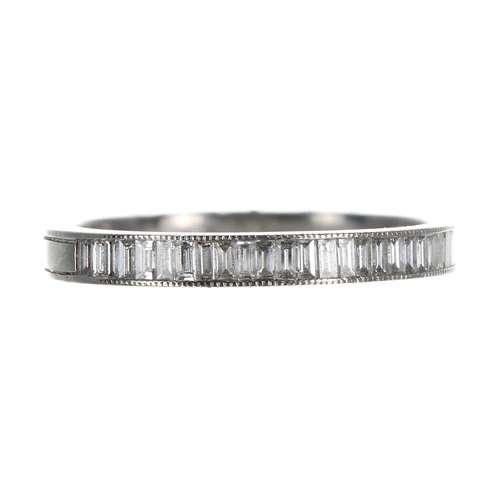 184 - Modern platinum baguette diamond half eternity ring, 3mm, 2.9gm, ring size M