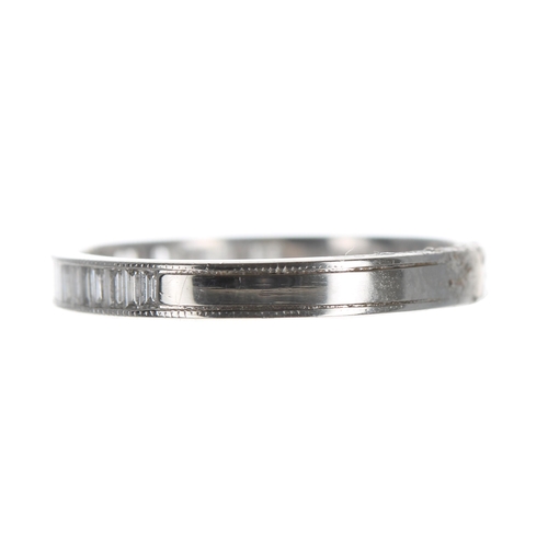 184 - Modern platinum baguette diamond half eternity ring, 3mm, 2.9gm, ring size M