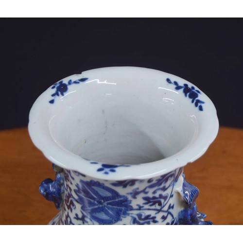 631 - 19th century Chinese blue and white porcelain baluster vase, with a flared rim over Dog of Fo handle... 