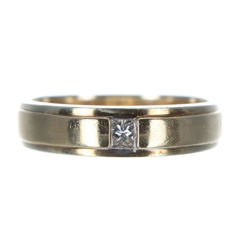 148 - Heavy gentleman's 9ct band ring set with a single princess-cut diamond, 0.20ct approx, band width 6m... 