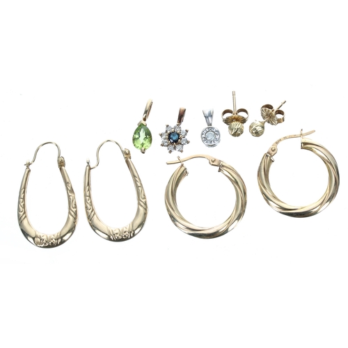 151 - Three pairs of 9ct yellow gold earrings, 2.7gm; with three 9ct gold set pendants, 1.4gm... 