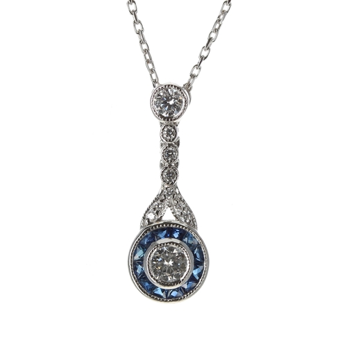 217 - Good quality modern 18ct white gold sapphire and diamond pendant on a slender necklace designed by L... 