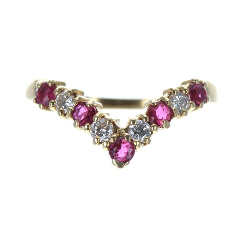 250 - 18ct ruby and diamond wishbone design ring, 3.2gm, ring size N/O; with a modern ring box... 