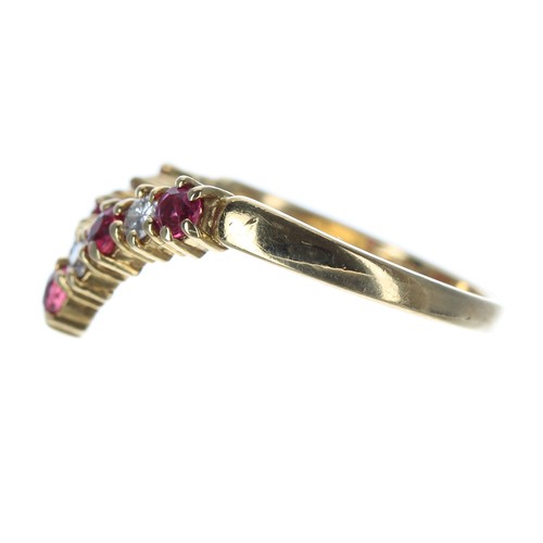 250 - 18ct ruby and diamond wishbone design ring, 3.2gm, ring size N/O; with a modern ring box... 