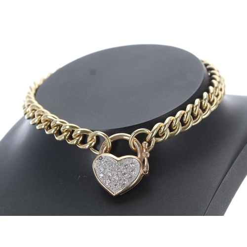 117 - 9ct curb bracelet link bracelet with a pavé diamond heart shaped clasp, 9.6gm, 6.5