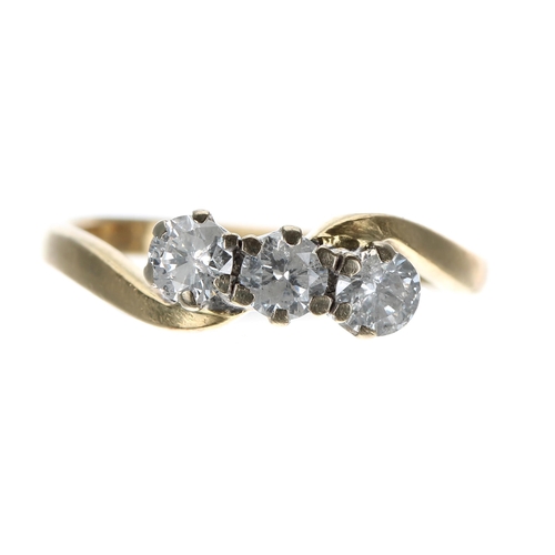 136 - 18ct yellow gold twist design three stone diamond ring, 0.45ct approx in total, 2.6gm, ring size I/J... 