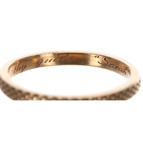 272 - Antique yellow gold serpent scale design posie ring, with inscription to the inside band 'Let virtue... 