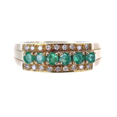 228 - 14ct yellow gold  two-part emerald and diamond ring, the centre band with six round -cut emeralds, t... 