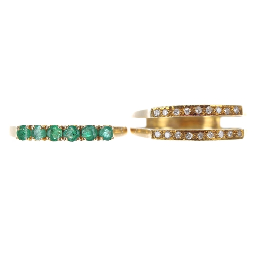 228 - 14ct yellow gold  two-part emerald and diamond ring, the centre band with six round -cut emeralds, t... 