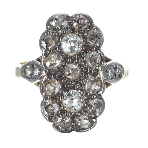 168 - Attractive antique 18ct diamond plaque ring, set in white metal with old-cut diamonds, 19.5mm, 4.7gm... 