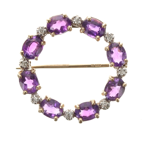 193 - Pretty 9ct diamond and amethyst openwork circular brooch, 3.7g, 23mm diameter (16)