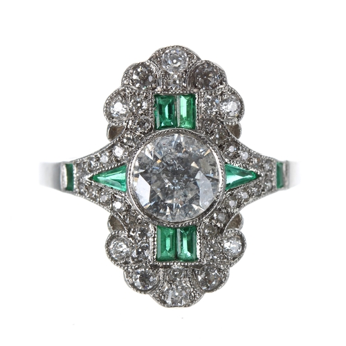 214 - Attractive emerald and diamond plaque design white metal dress ring, with old-cut diamonds and calib... 