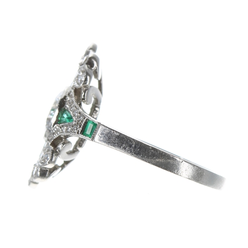 214 - Attractive emerald and diamond plaque design white metal dress ring, with old-cut diamonds and calib... 