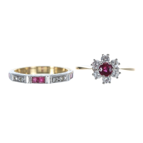 244 - 18ct ruby and diamond seven stone cluster ring, the ruby 0.20ct approx, 9mm, 2.7gm, ring size K; wit... 