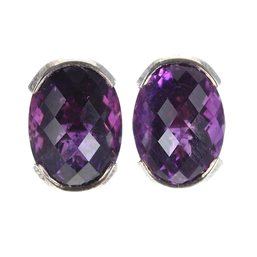 271 - Pair of rose-cut oval amethyst stud earrings set in silver, 15gm, 18mm x 12mm