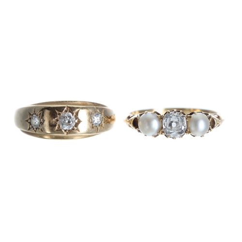 252 - Antique 18ct yellow gold old-cut diamond and pearl set three stone ring, 2.6gm, ring size J; with an... 