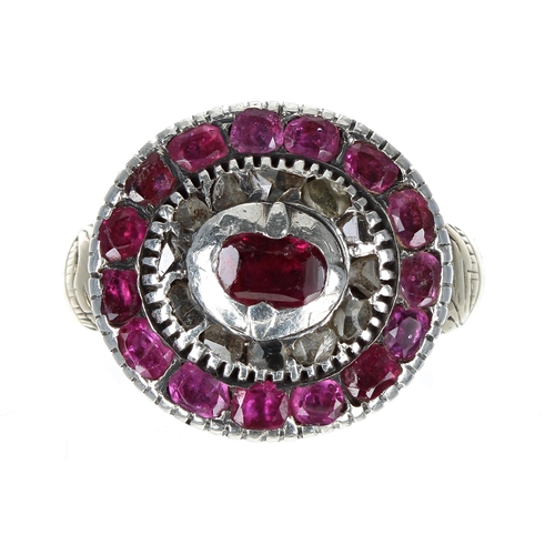 320 - Antique gold backed ruby and diamond oval cluster ring, white metal rub-over set rubies and diamonds... 