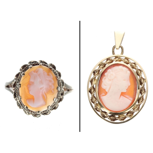 278 - 9ct cameo ring and a similar pendant, 8.8gm, ring size O, the pendant 37mm x  23mm (2)... 