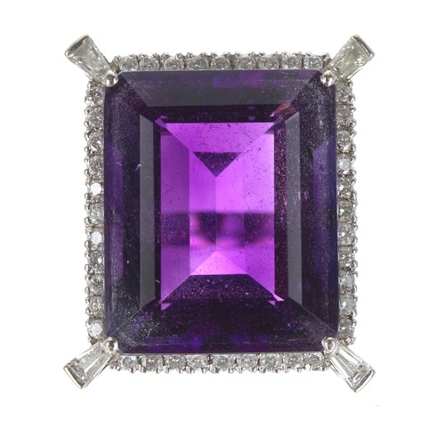 293 - Fine impressive large amethyst and diamond ring set in 18ct white gold, step-cut amethyst estimated ... 