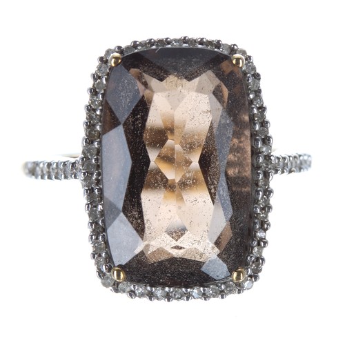 280 - 9ct smoky quartz and diamond ring with set shoulders, 5.90ct approx, 18mm x 15mm, 3.8gm, ring size R... 