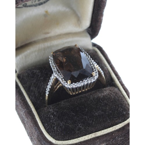 280 - 9ct smoky quartz and diamond ring with set shoulders, 5.90ct approx, 18mm x 15mm, 3.8gm, ring size R... 