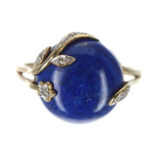 282 - Cabouchon lapis lazuli and diamond 9ct ring, 16mm, 3.9gm, ring size T/U; with box