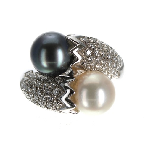 303 - Modern 18ct white gold pavé diamond and Tahitian cultured pearl cross-over deign dress ring, round b... 