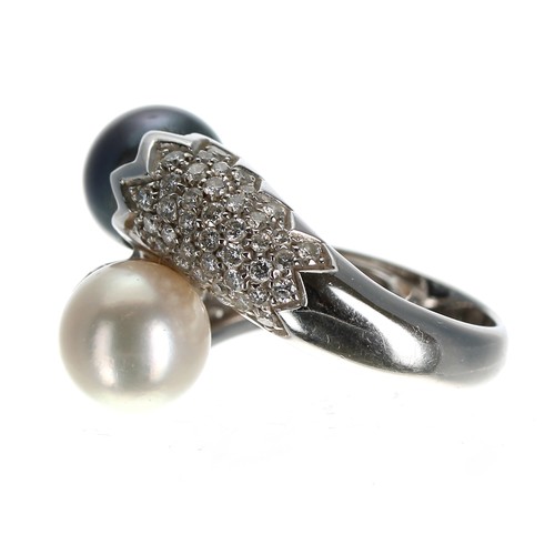 303 - Modern 18ct white gold pavé diamond and Tahitian cultured pearl cross-over deign dress ring, round b... 