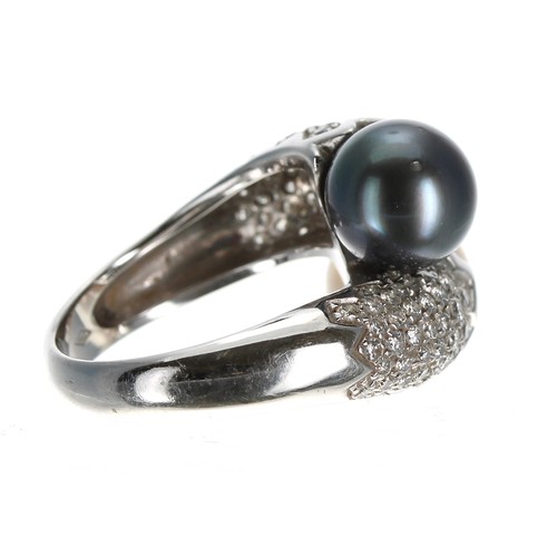 303 - Modern 18ct white gold pavé diamond and Tahitian cultured pearl cross-over deign dress ring, round b... 