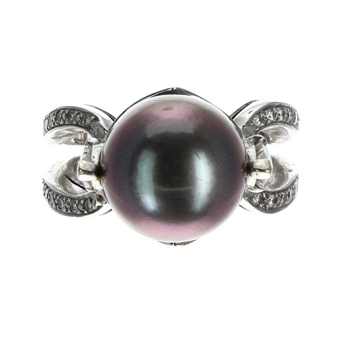 315 - Fancy 18ct white gold Tahitian cultured pear and diamond dress ring, the pearl 13mm, in a raised set... 