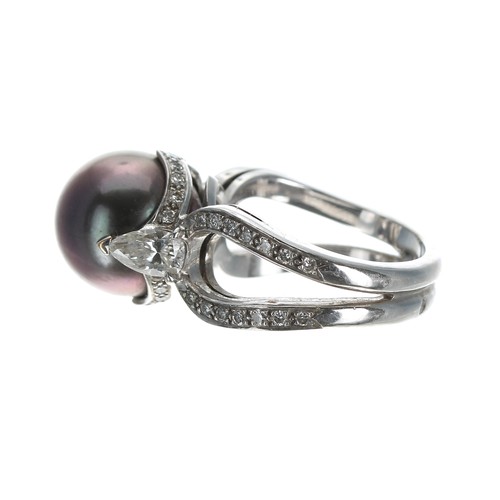 315 - Fancy 18ct white gold Tahitian cultured pear and diamond dress ring, the pearl 13mm, in a raised set... 