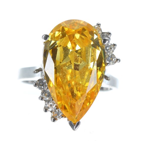 302 - Silver-gilt peridot and diamond pear shaped cluster, width 20mm, 5.9gm; with a silver yellow gem set... 