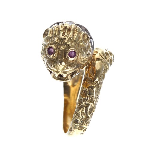 295 - ilias Lalaounis, Greece 18ct Chimera ring set with ruby eyes and a diamond collar, signed, no. A21, ... 