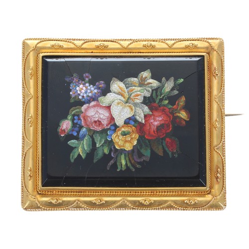 310 - 19th century micro mosaic brooch, finely set depicting a bouquet of flowers on a black ground, withi... 