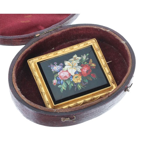 310 - 19th century micro mosaic brooch, finely set depicting a bouquet of flowers on a black ground, withi... 