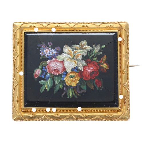 310 - 19th century micro mosaic brooch, finely set depicting a bouquet of flowers on a black ground, withi... 