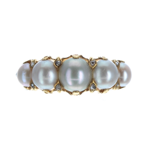 317 - Attractive Victorian pearl and diamond yellow gold ring, with five graduated half pearls with ten sm... 