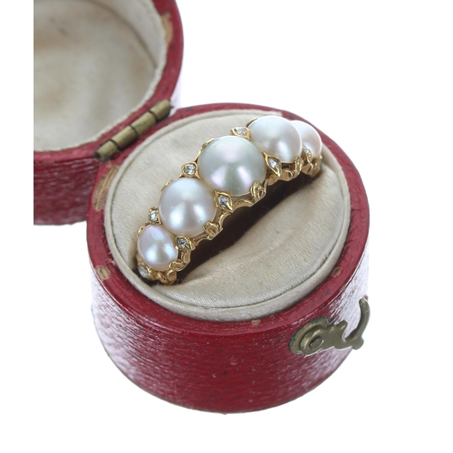 317 - Attractive Victorian pearl and diamond yellow gold ring, with five graduated half pearls with ten sm... 