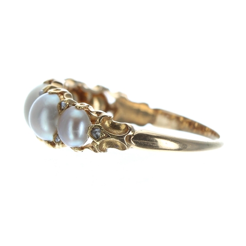 317 - Attractive Victorian pearl and diamond yellow gold ring, with five graduated half pearls with ten sm... 