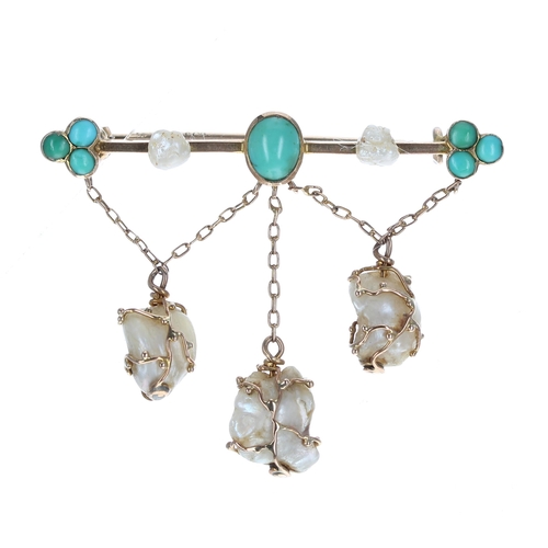 292 - Murrle Bennett & Co 9ct turquoise and pearl brooch, the set bar with suspended chains and three ... 