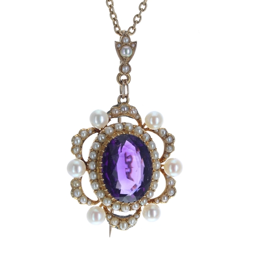 319 - Attractive Victorian amethyst and pearl oval pendant/brooch, 8.7gm, 46mm x 27mm; on a slender pearl ... 